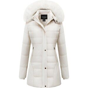Women's Beige Waterproof Velvet Puffer Jacket Quilted Coat Faux Fur Hood Fabric